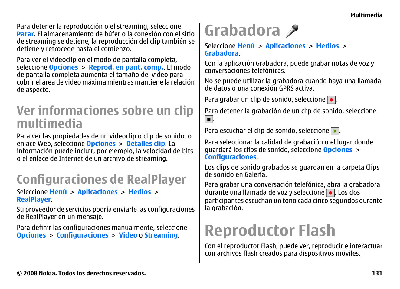 Ver informaciones sobre un clip multimedia, Configuraciones de realplayer, Grabadora | Reproductor flash | Nokia E75 User Manual | Page 319 / 397
