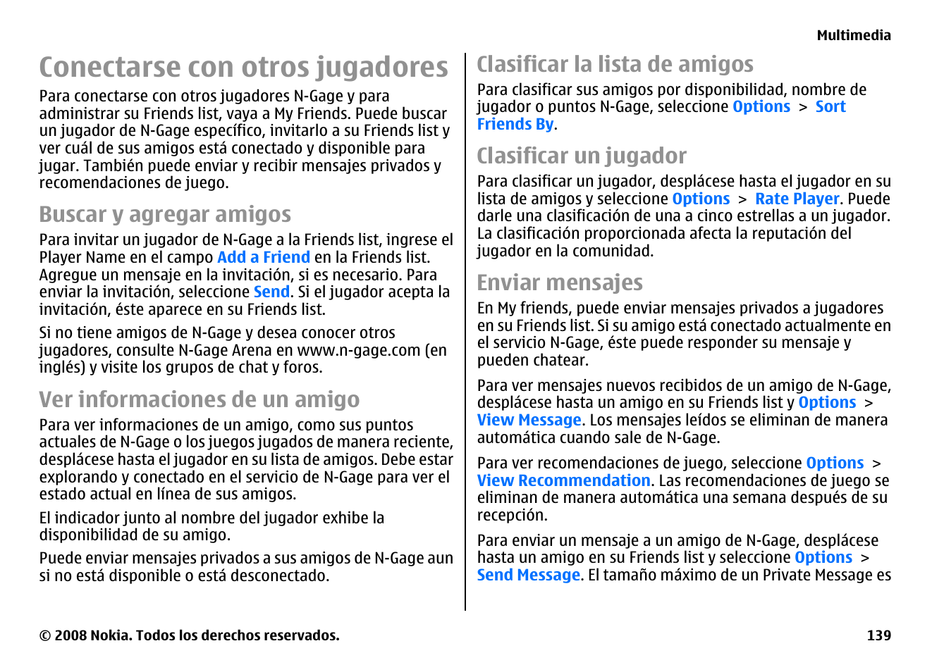 Conectarse con otros jugadores, Buscar y agregar amigos, Ver informaciones de un amigo | Clasificar la lista de amigos, Clasificar un jugador, Enviar mensajes | Nokia E75 User Manual | Page 327 / 397