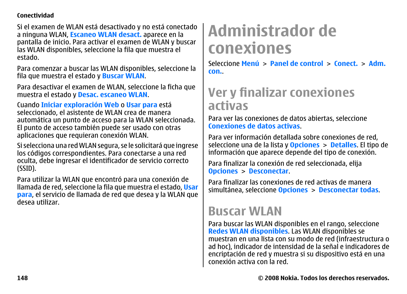 Administrador de conexiones, Ver y finalizar conexiones activas, Buscar wlan | Nokia E75 User Manual | Page 336 / 397