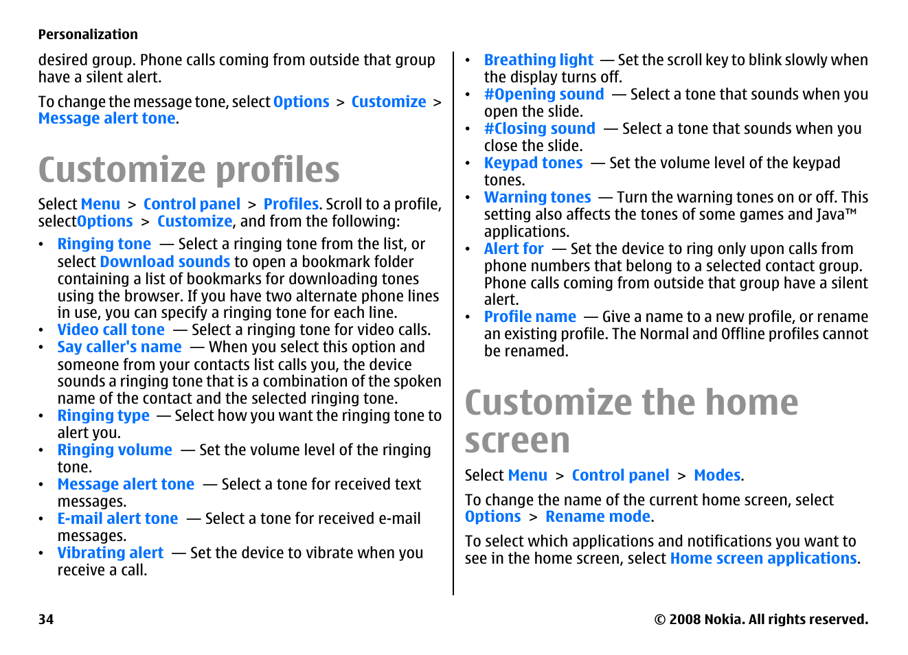 Customize profiles, Customize the home screen | Nokia E75 User Manual | Page 34 / 397