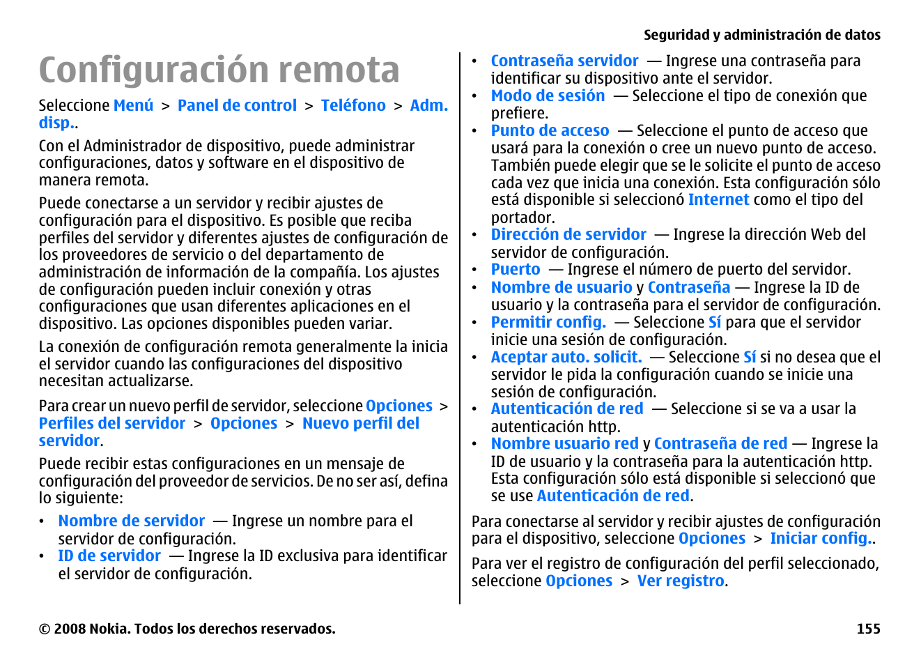 Configuración remota | Nokia E75 User Manual | Page 343 / 397