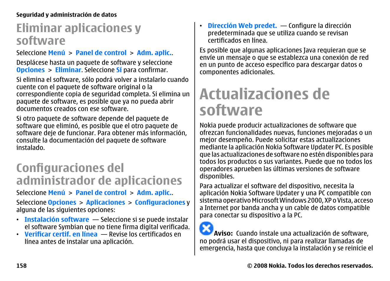 Eliminar aplicaciones y software, Configuraciones del administrador de aplicaciones, Actualizaciones de software | Nokia E75 User Manual | Page 346 / 397