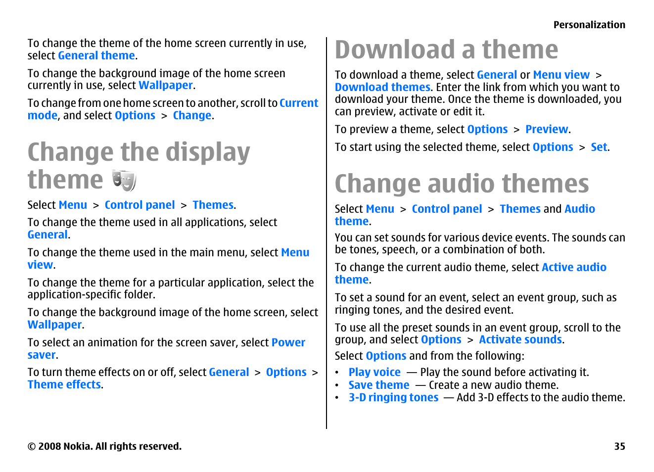 Change the display theme, Download a theme, Change audio themes | Nokia E75 User Manual | Page 35 / 397