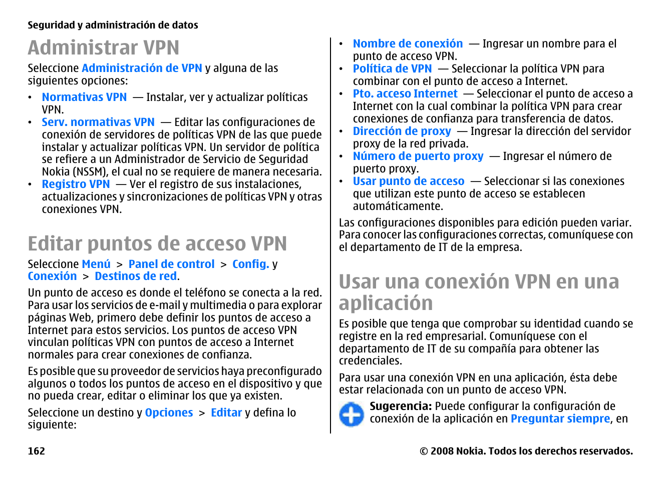 Administrar vpn, Editar puntos de acceso vpn, Usar una conexión vpn en una aplicación | Nokia E75 User Manual | Page 350 / 397