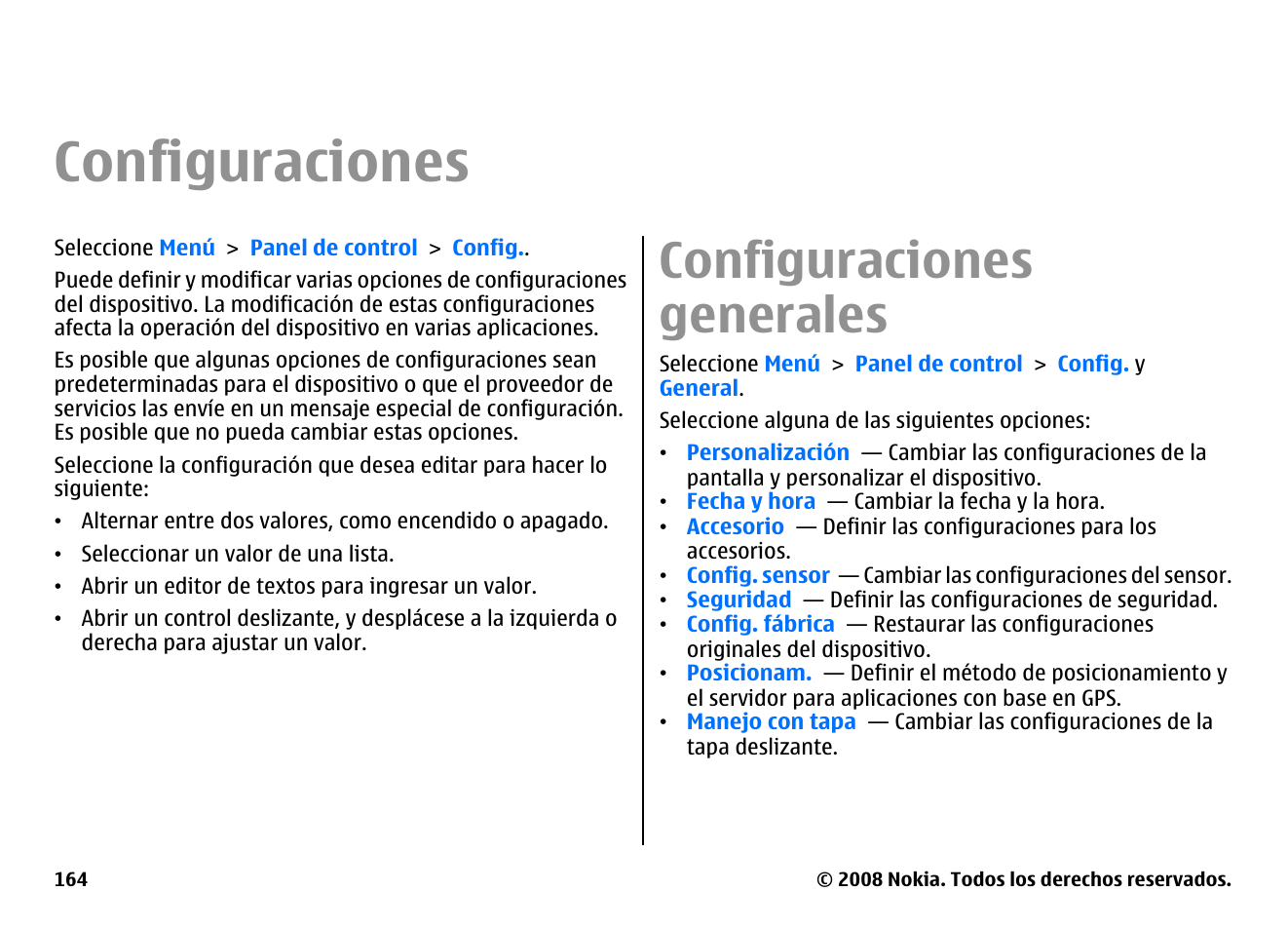 Configuraciones, Configuraciones generales | Nokia E75 User Manual | Page 352 / 397