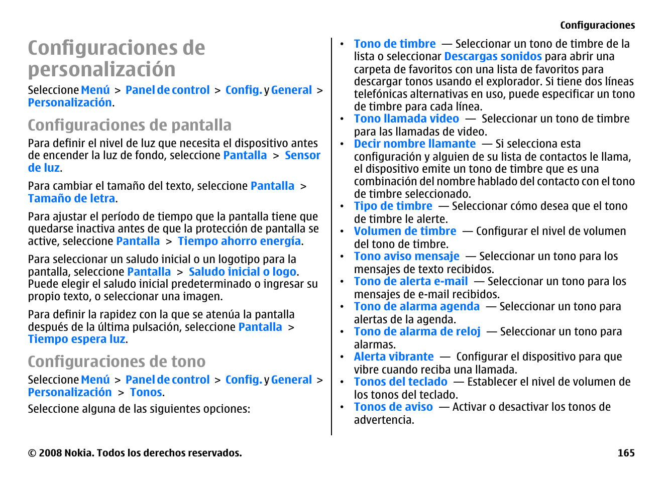 Configuraciones de personalización, Configuraciones de pantalla, Configuraciones de tono | Nokia E75 User Manual | Page 353 / 397