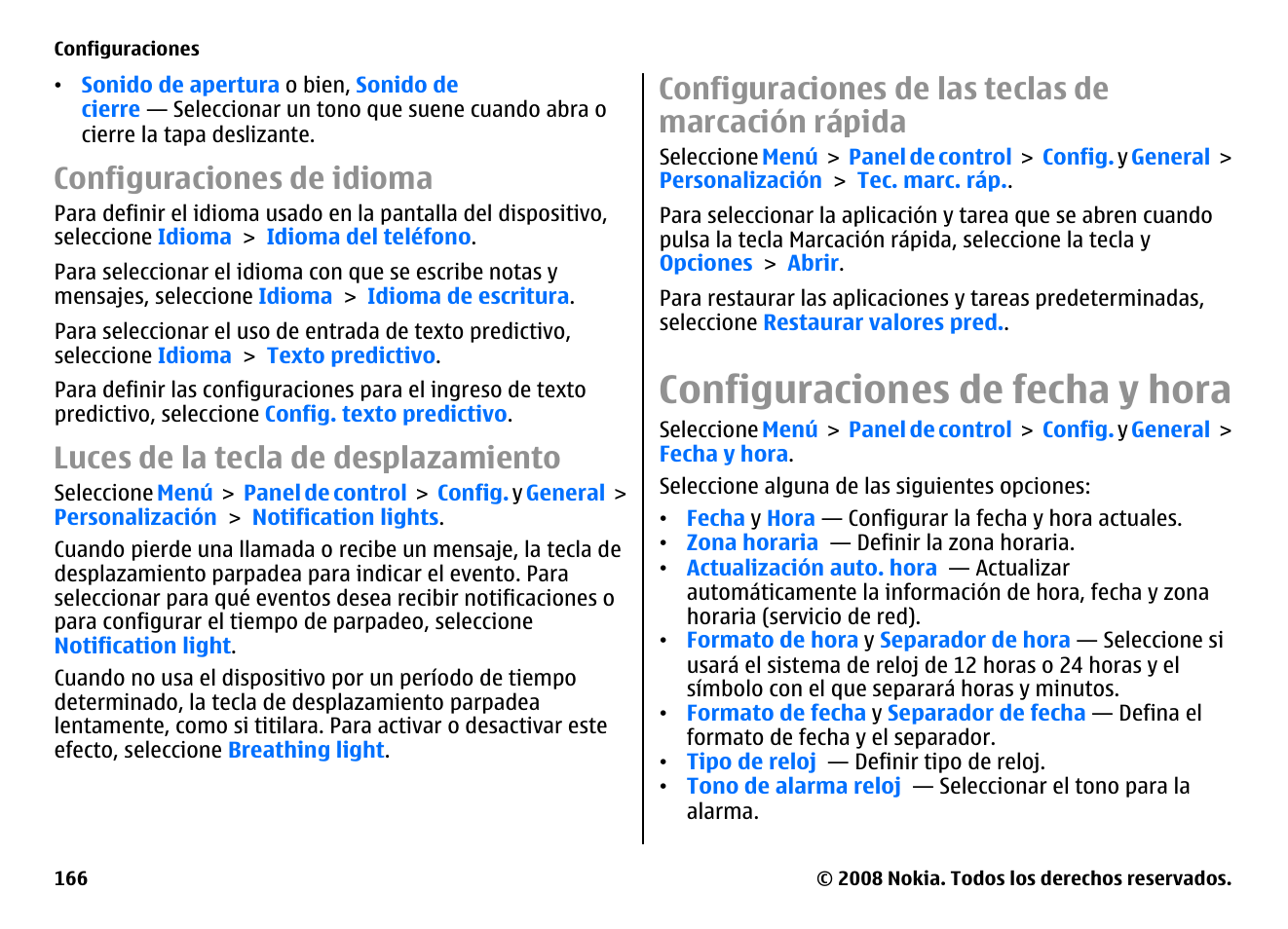 Configuraciones de idioma, Luces de la tecla de desplazamiento, Configuraciones de las teclas de marcación rápida | Configuraciones de fecha y hora, Configuraciones de las teclas de marcación, Rápida | Nokia E75 User Manual | Page 354 / 397