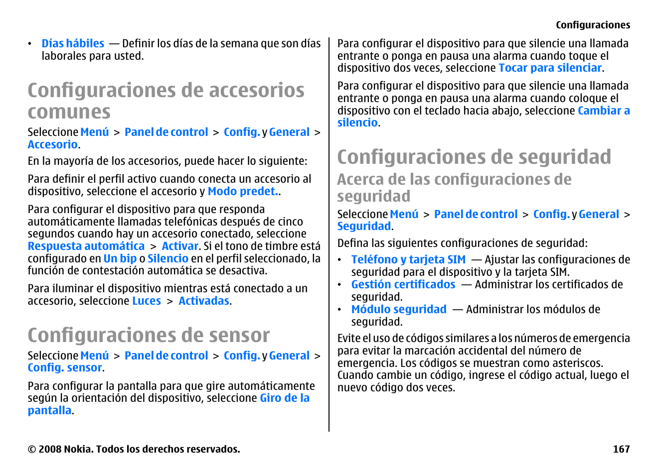 Configuraciones de accesorios comunes, Configuraciones de sensor, Configuraciones de seguridad | Acerca de las configuraciones de seguridad | Nokia E75 User Manual | Page 355 / 397