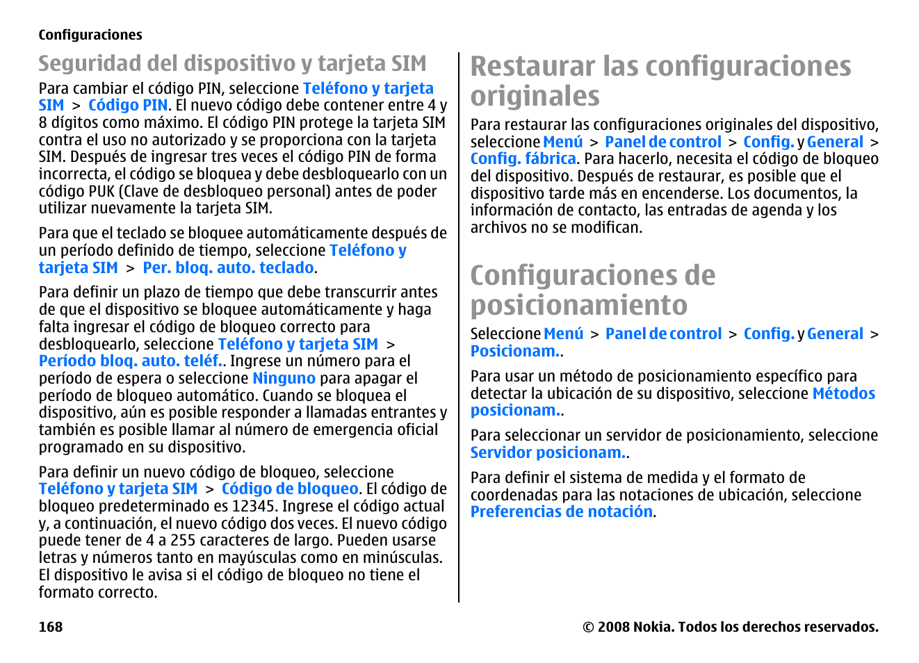 Seguridad del dispositivo y tarjeta sim, Restaurar las configuraciones originales, Configuraciones de posicionamiento | Nokia E75 User Manual | Page 356 / 397