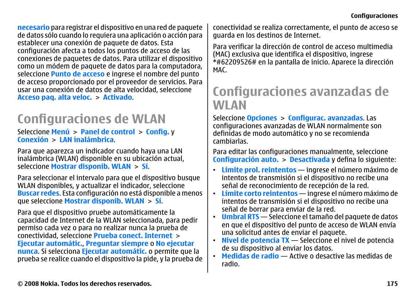 Configuraciones de wlan, Configuraciones avanzadas de wlan | Nokia E75 User Manual | Page 363 / 397