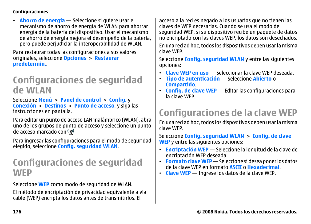 Configuraciones de seguridad de wlan, Configuraciones de seguridad wep, Configuraciones de la clave wep | Nokia E75 User Manual | Page 364 / 397