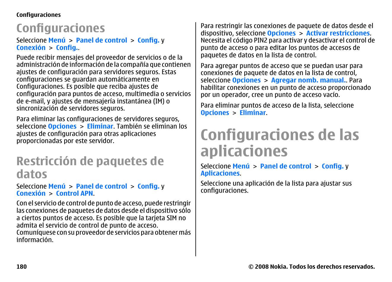 Configuraciones, Restricción de paquetes de datos, Configuraciones de las aplicaciones | Nokia E75 User Manual | Page 368 / 397