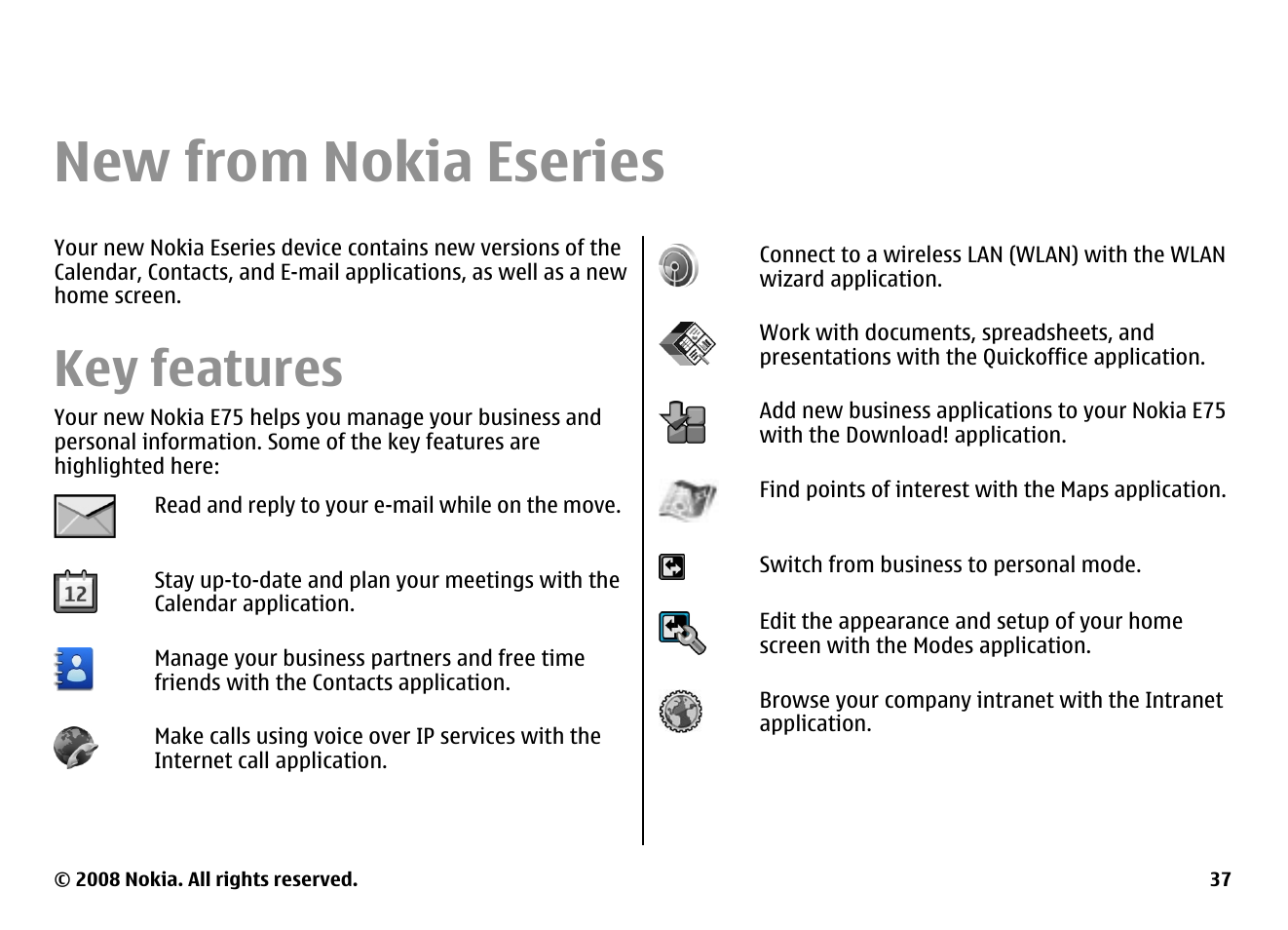 New from nokia eseries, Key features | Nokia E75 User Manual | Page 37 / 397