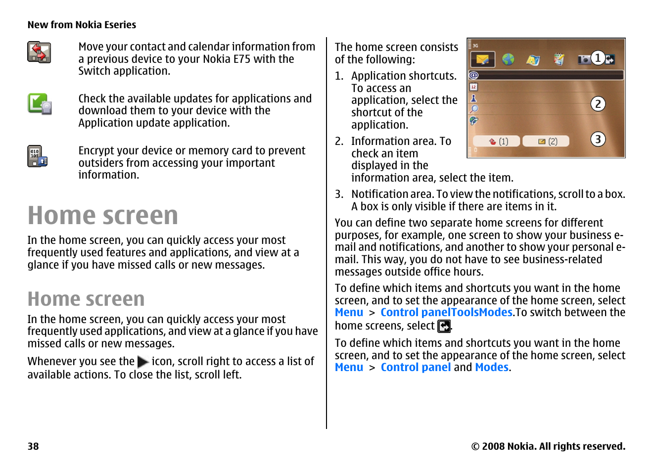 Home screen | Nokia E75 User Manual | Page 38 / 397