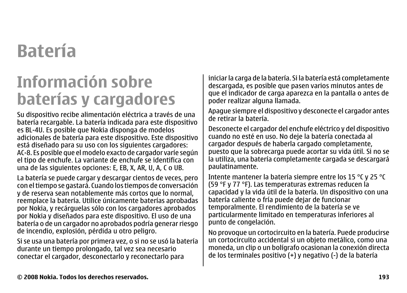 Batería, Información sobre baterías y cargadores | Nokia E75 User Manual | Page 381 / 397