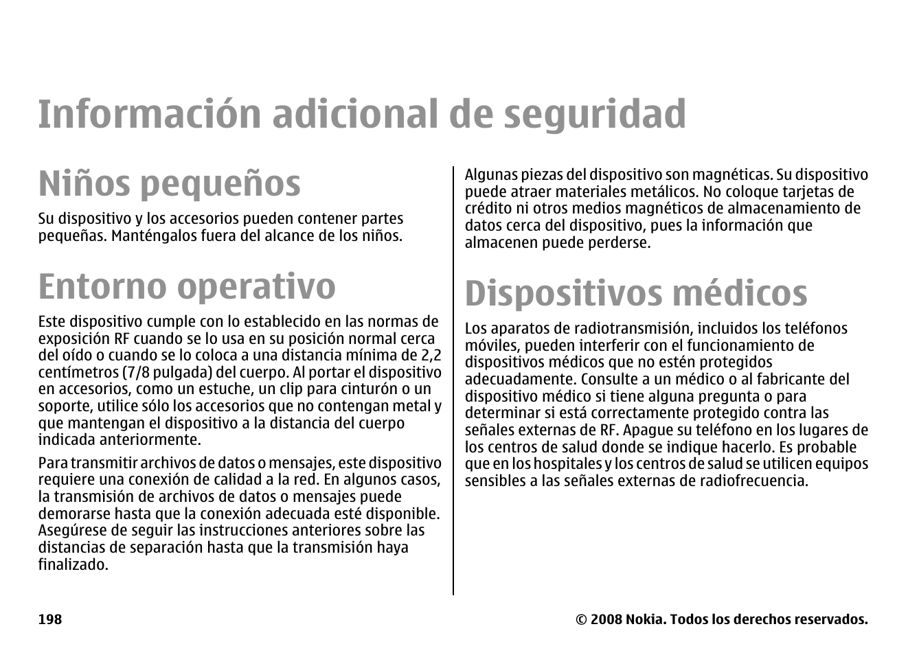 Información adicional de seguridad, Niños pequeños, Entorno operativo | Dispositivos médicos | Nokia E75 User Manual | Page 386 / 397