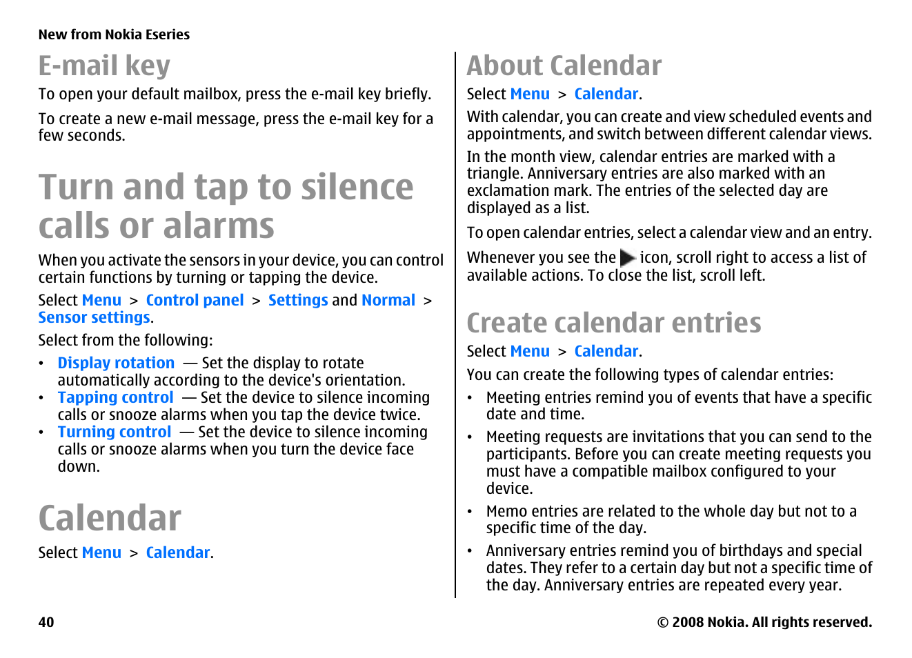 E-mail key, Turn and tap to silence calls or alarms, Calendar | About calendar, Create calendar entries | Nokia E75 User Manual | Page 40 / 397