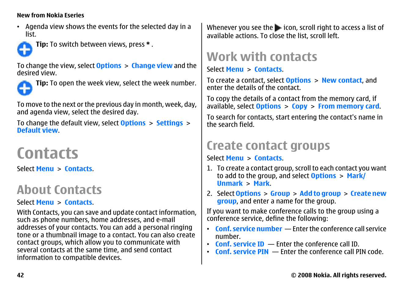 Contacts, About contacts, Work with contacts | Create contact groups | Nokia E75 User Manual | Page 42 / 397