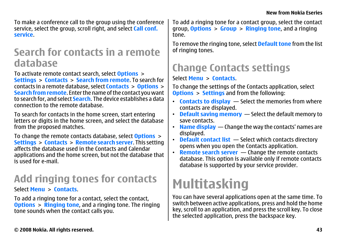 Search for contacts in a remote database, Add ringing tones for contacts, Change contacts settings | Multitasking | Nokia E75 User Manual | Page 43 / 397