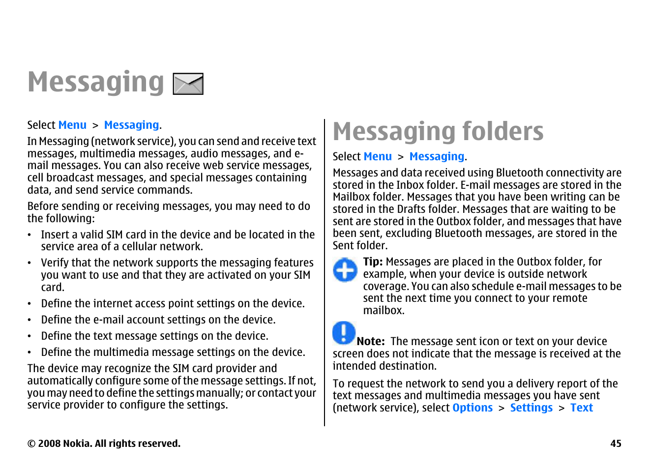 Messaging, Messaging folders | Nokia E75 User Manual | Page 45 / 397