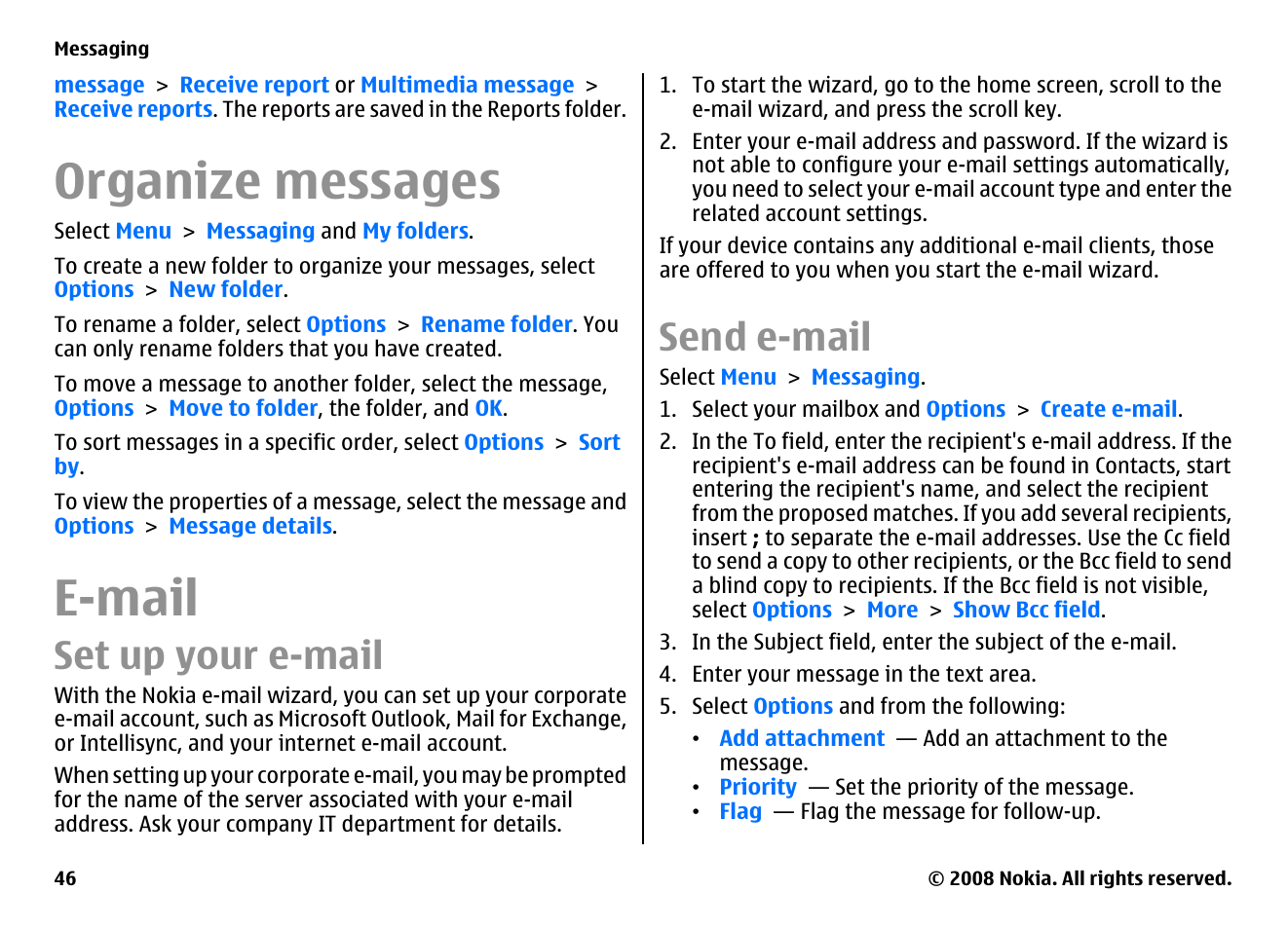 Organize messages, E-mail, Set up your e-mail | Send e-mail | Nokia E75 User Manual | Page 46 / 397