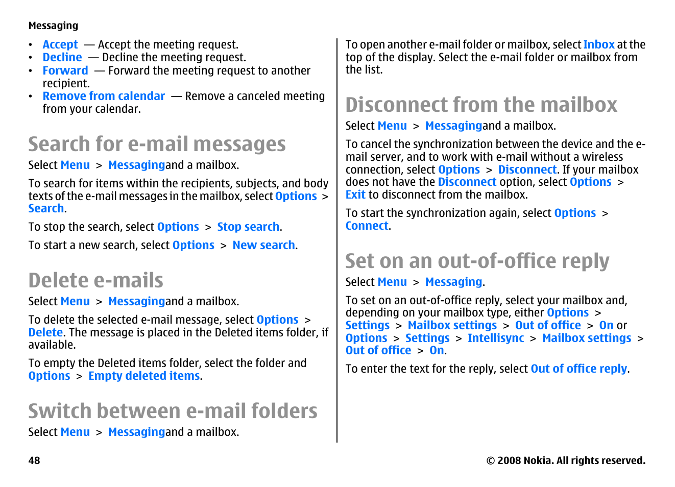 Search for e-mail messages, Delete e-mails, Switch between e-mail folders | Disconnect from the mailbox, Set on an out-of-office reply | Nokia E75 User Manual | Page 48 / 397