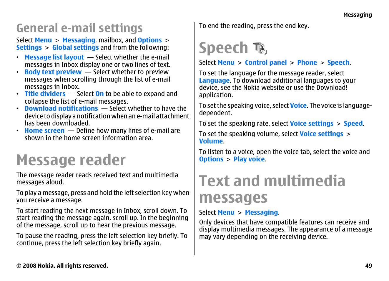 General e-mail settings, Message reader, Speech | Text and multimedia messages | Nokia E75 User Manual | Page 49 / 397