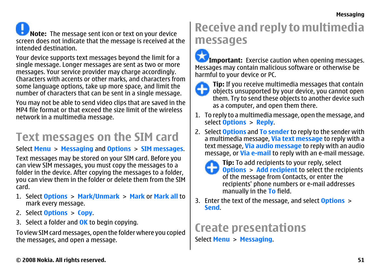 Text messages on the sim card, Receive and reply to multimedia messages, Create presentations | Nokia E75 User Manual | Page 51 / 397