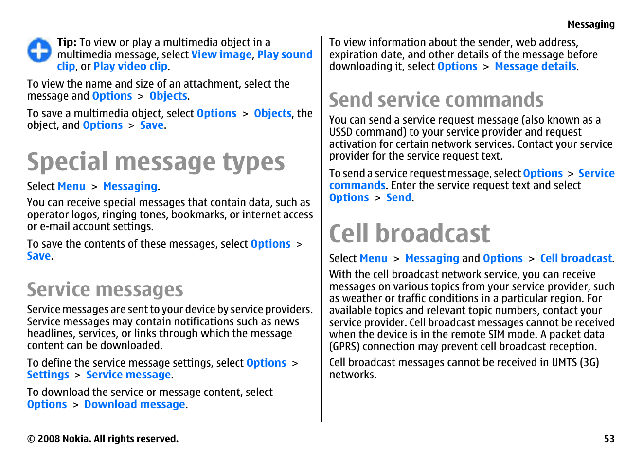 Special message types, Service messages, Send service commands | Cell broadcast | Nokia E75 User Manual | Page 53 / 397