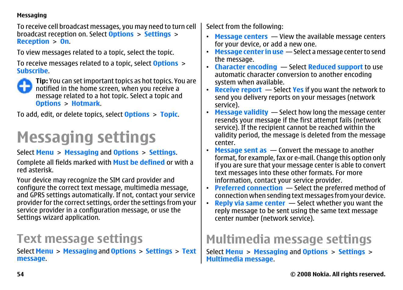 Messaging settings, Text message settings, Multimedia message settings | Nokia E75 User Manual | Page 54 / 397