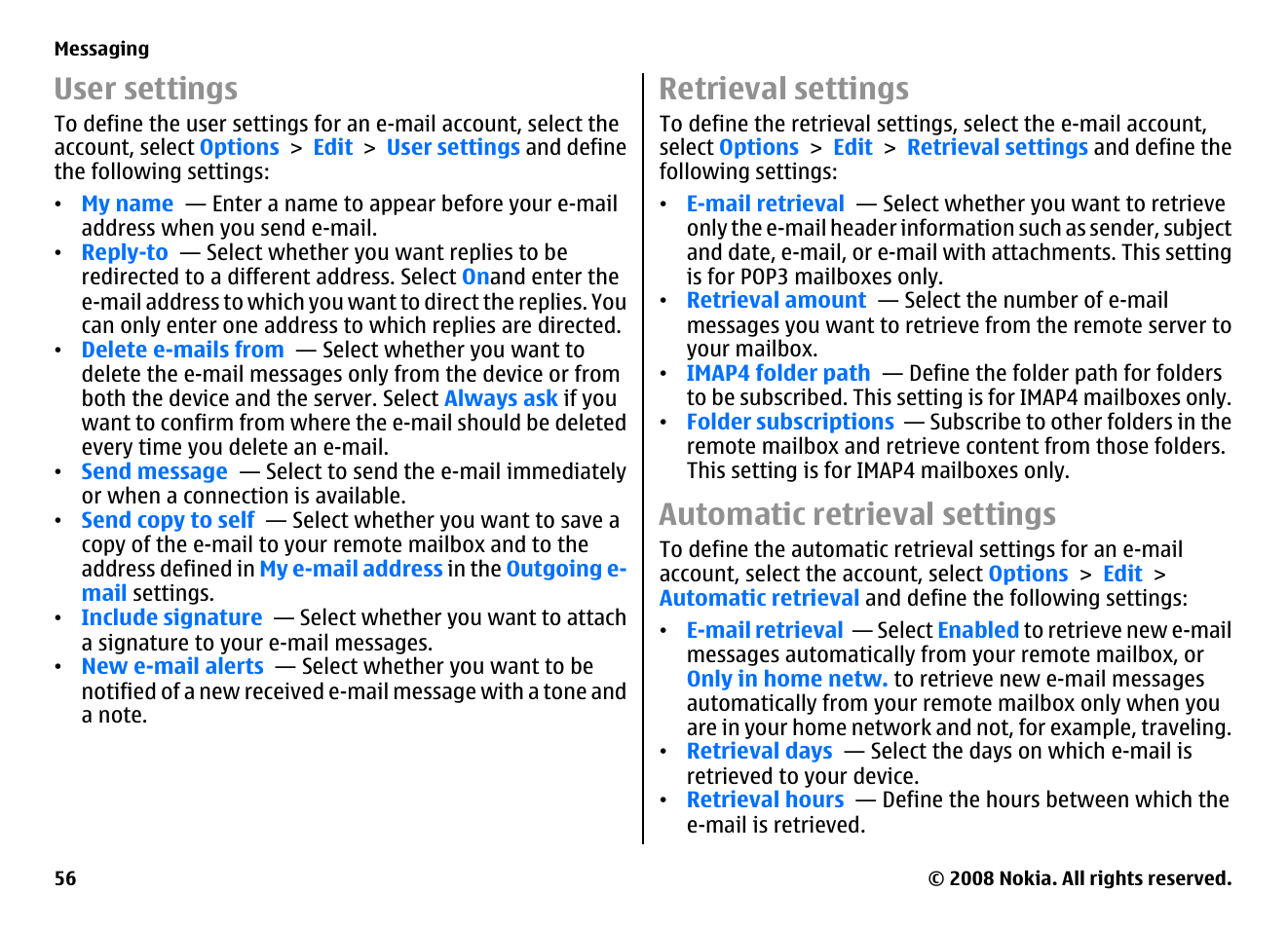 User settings, Retrieval settings, Automatic retrieval settings | Nokia E75 User Manual | Page 56 / 397