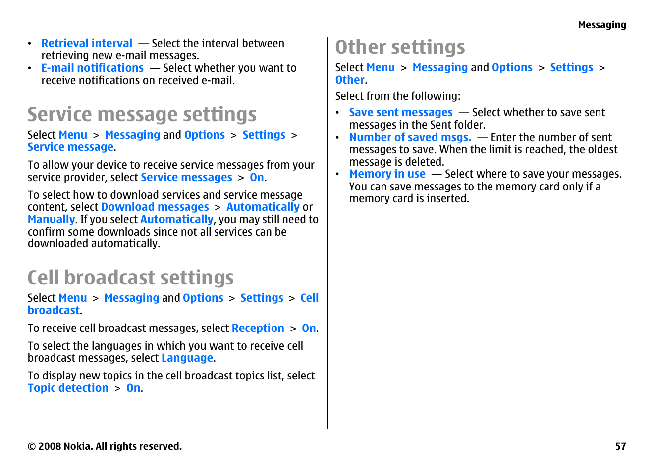 Service message settings, Cell broadcast settings, Other settings | Nokia E75 User Manual | Page 57 / 397