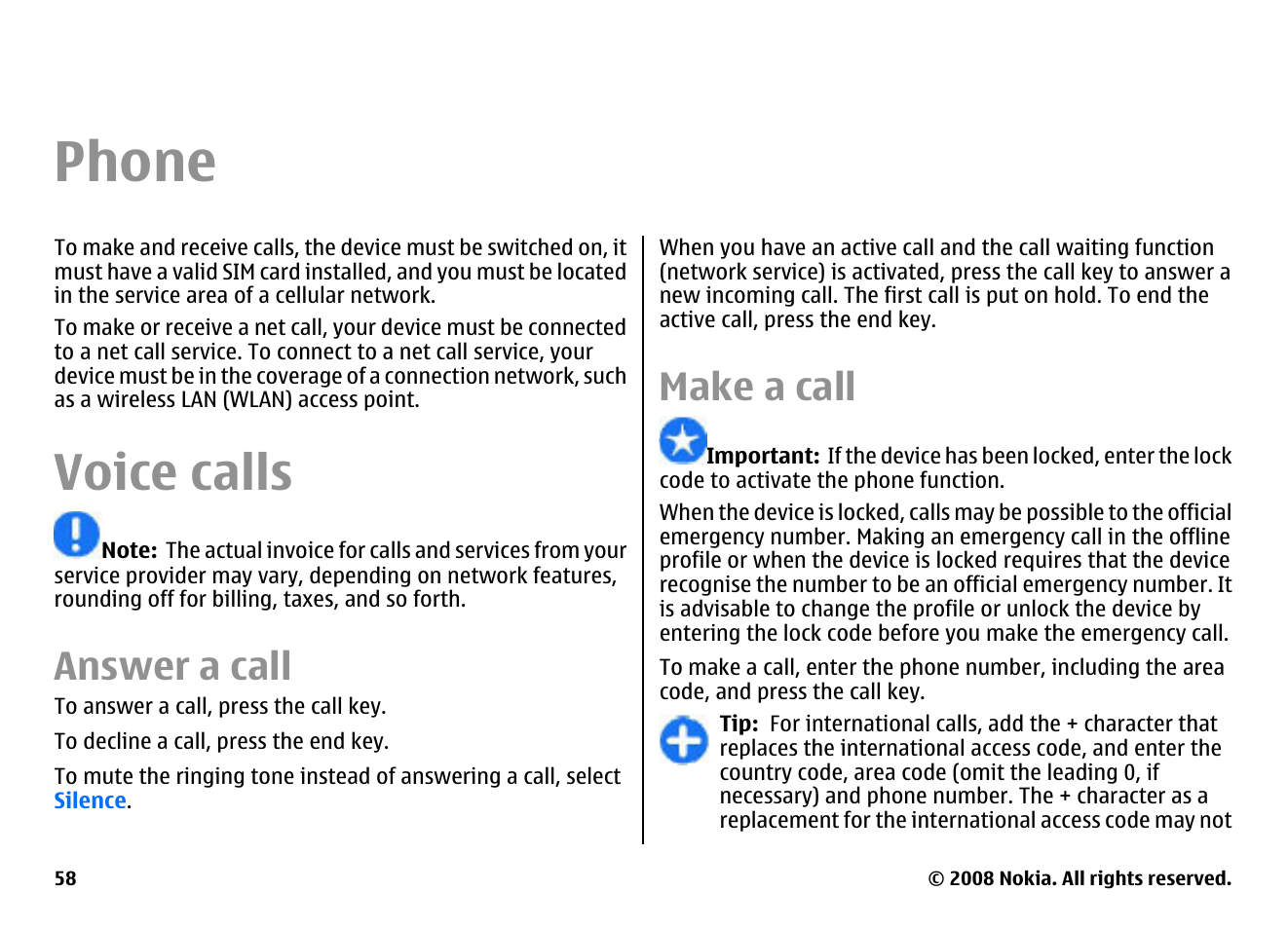 Phone, Voice calls, Answer a call | Make a call | Nokia E75 User Manual | Page 58 / 397