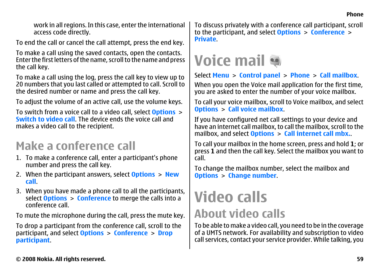 Make a conference call, Voice mail, Video calls | About video calls | Nokia E75 User Manual | Page 59 / 397