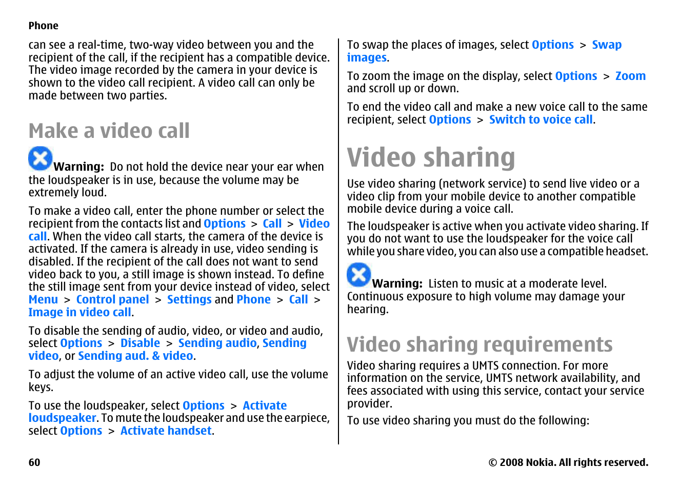 Make a video call, Video sharing, Video sharing requirements | Nokia E75 User Manual | Page 60 / 397