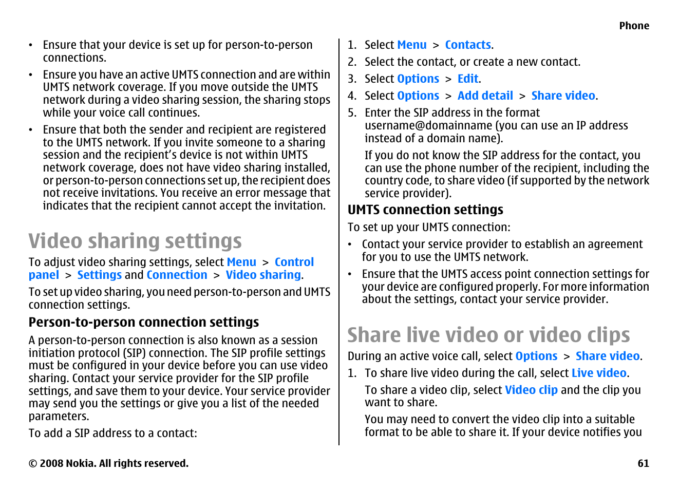 Video sharing settings, Share live video or video clips | Nokia E75 User Manual | Page 61 / 397