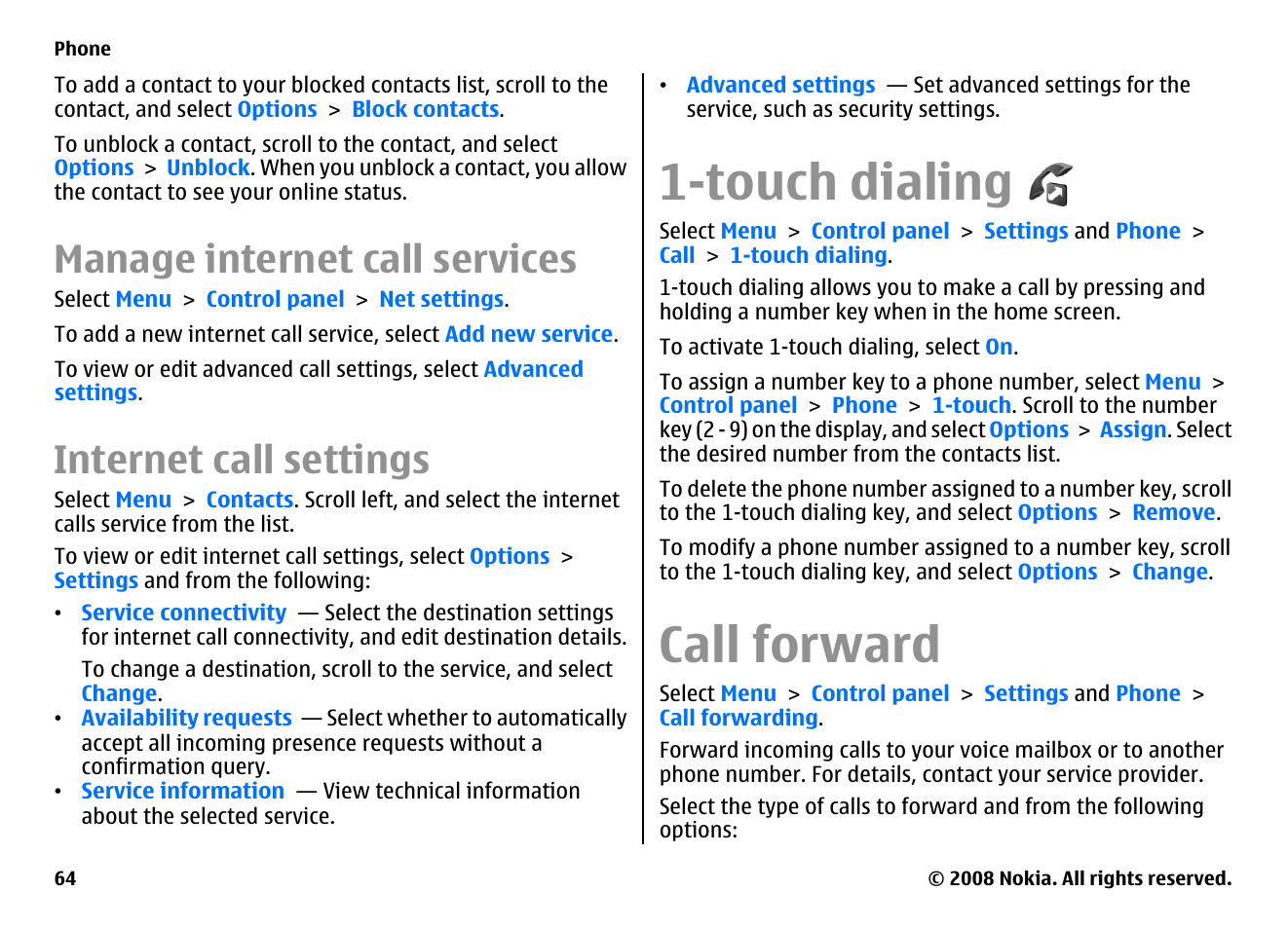 Manage internet call services, Internet call settings, Touch dialing | Call forward | Nokia E75 User Manual | Page 64 / 397