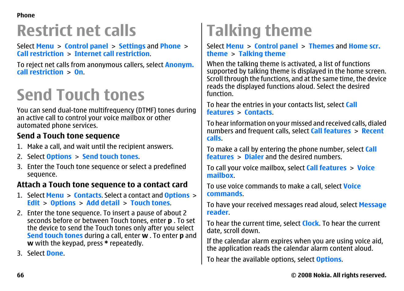Restrict net calls, Send touch tones, Talking theme | Nokia E75 User Manual | Page 66 / 397