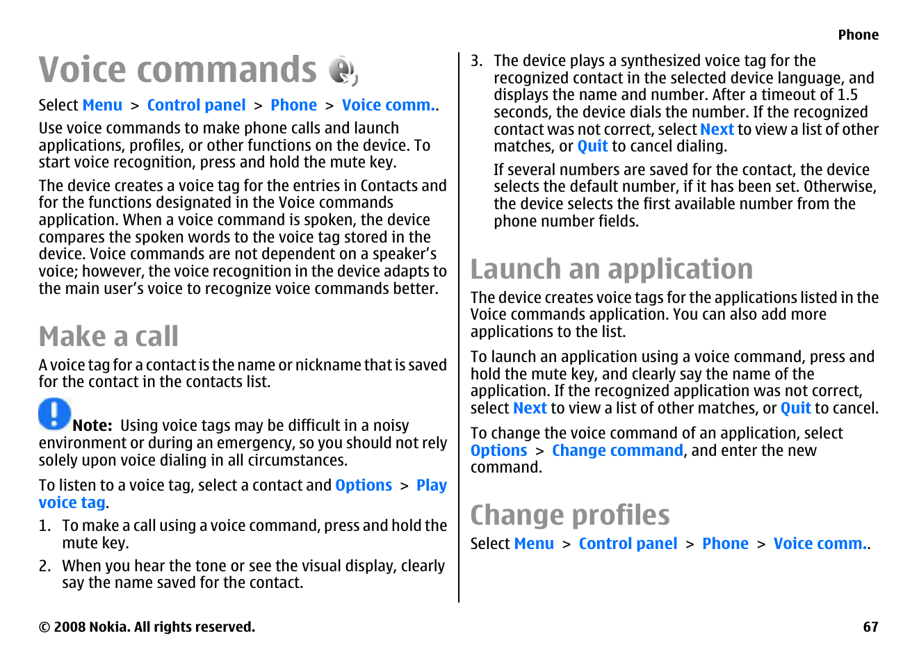 Voice commands, Make a call, Launch an application | Change profiles | Nokia E75 User Manual | Page 67 / 397