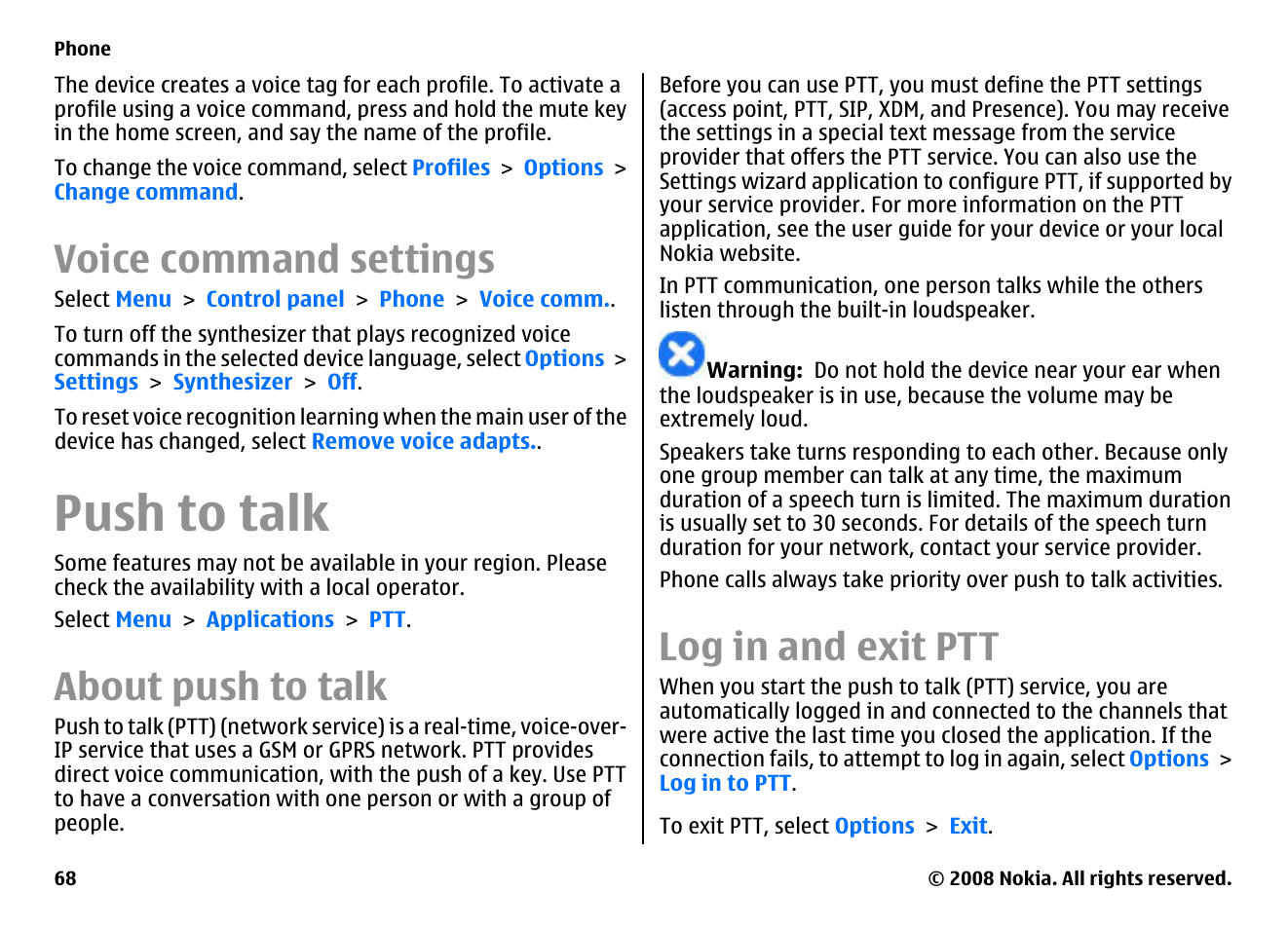 Voice command settings, Push to talk, About push to talk | Log in and exit ptt | Nokia E75 User Manual | Page 68 / 397