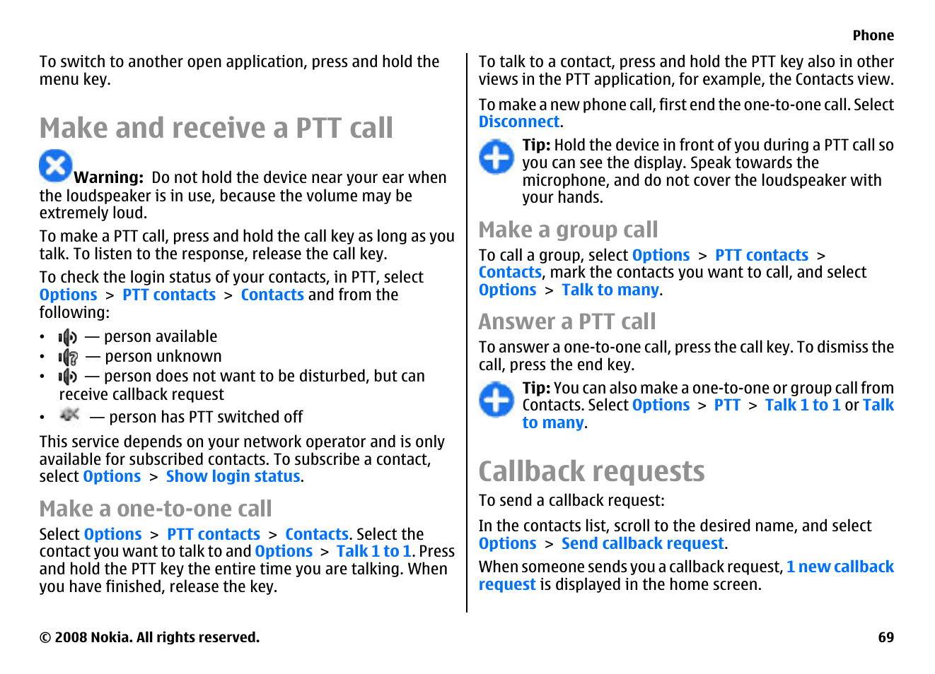 Make and receive a ptt call, Make a one-to-one call, Make a group call | Answer a ptt call, Callback requests | Nokia E75 User Manual | Page 69 / 397