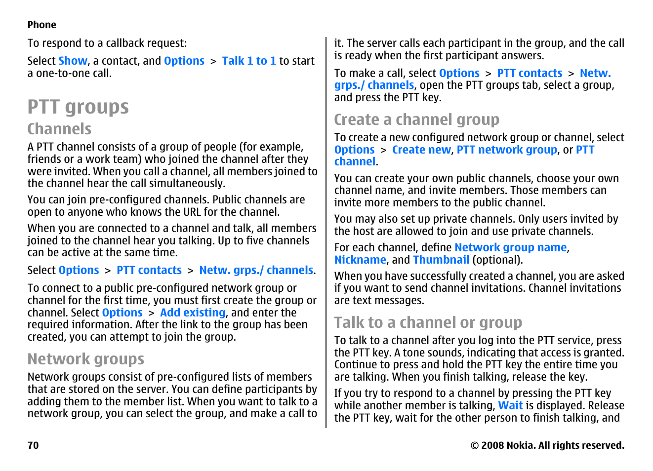 Ptt groups, Channels, Network groups | Create a channel group, Talk to a channel or group | Nokia E75 User Manual | Page 70 / 397