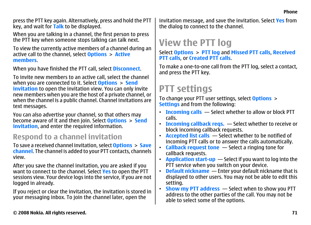 Respond to a channel invitation, View the ptt log, Ptt settings | Nokia E75 User Manual | Page 71 / 397