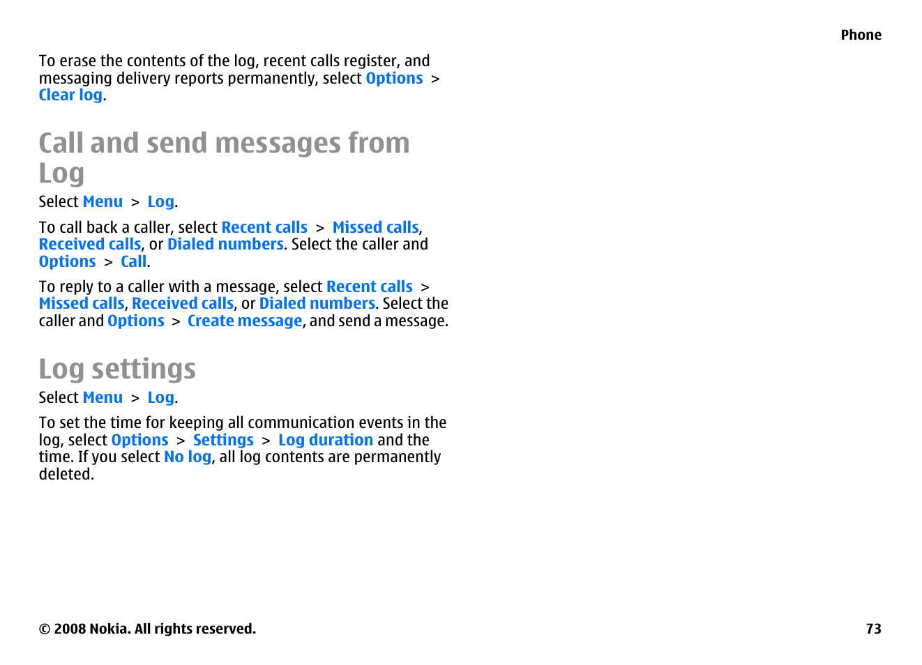 Call and send messages from log, Log settings | Nokia E75 User Manual | Page 73 / 397