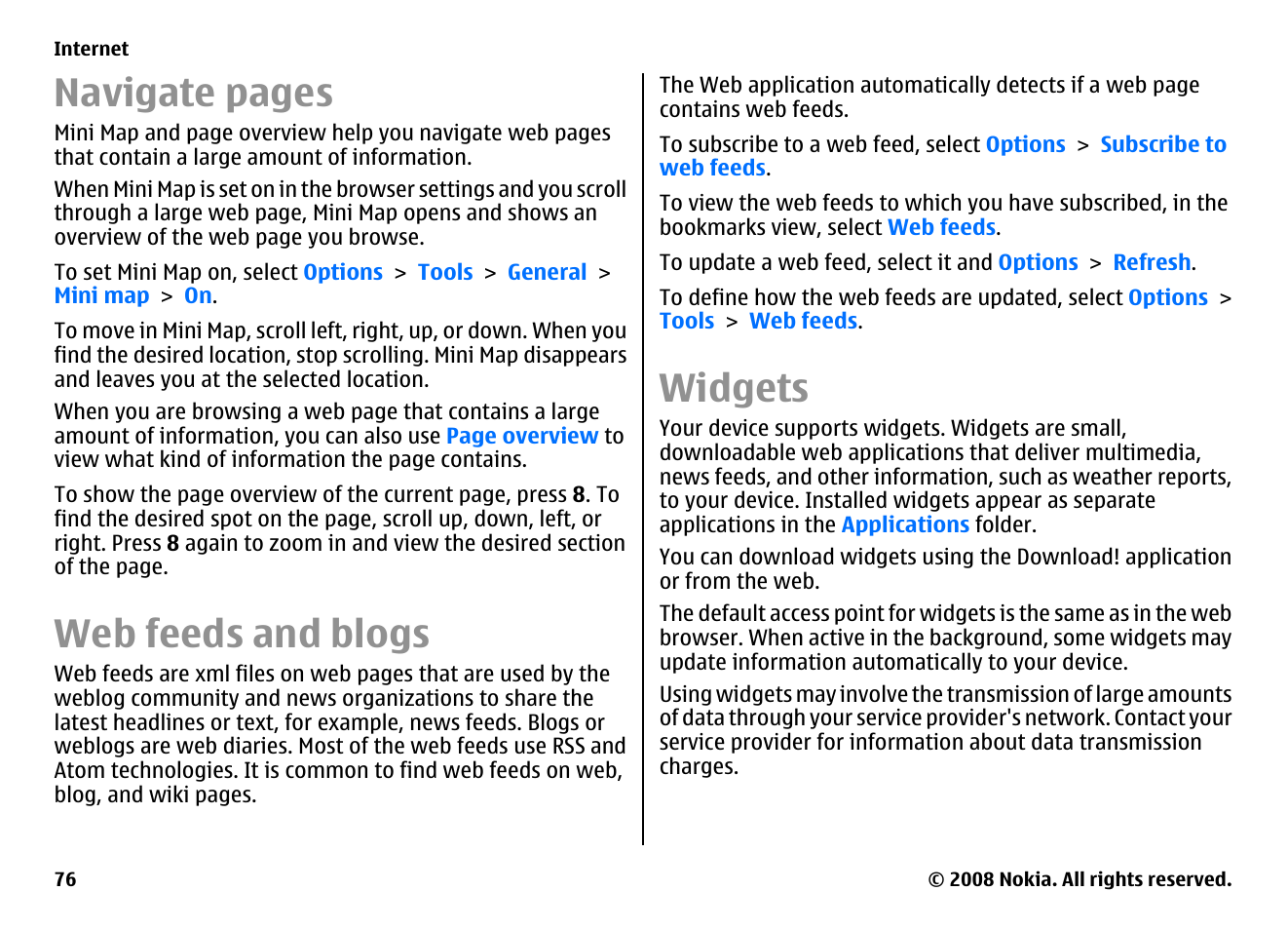 Web feeds and blogs, Widgets, Navigate pages | Nokia E75 User Manual | Page 76 / 397
