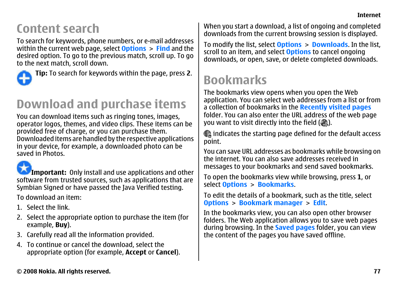 Content search, Download and purchase items, Bookmarks | Nokia E75 User Manual | Page 77 / 397