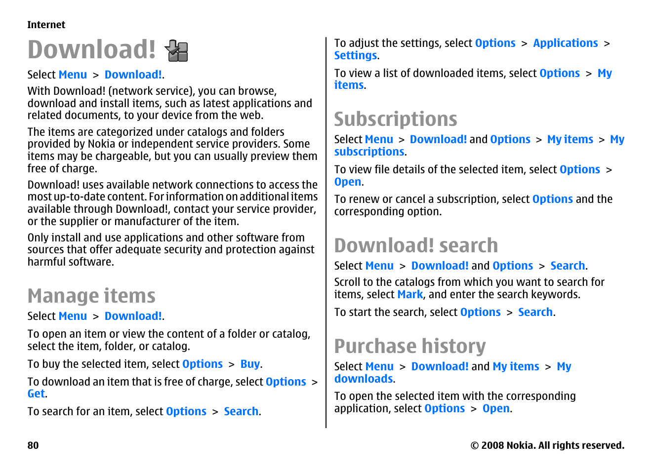 Download, Manage items, Subscriptions | Download! search, Purchase history | Nokia E75 User Manual | Page 80 / 397