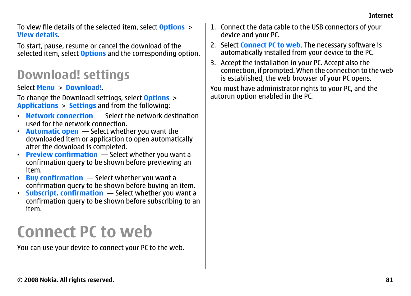 Download! settings, Connect pc to web | Nokia E75 User Manual | Page 81 / 397