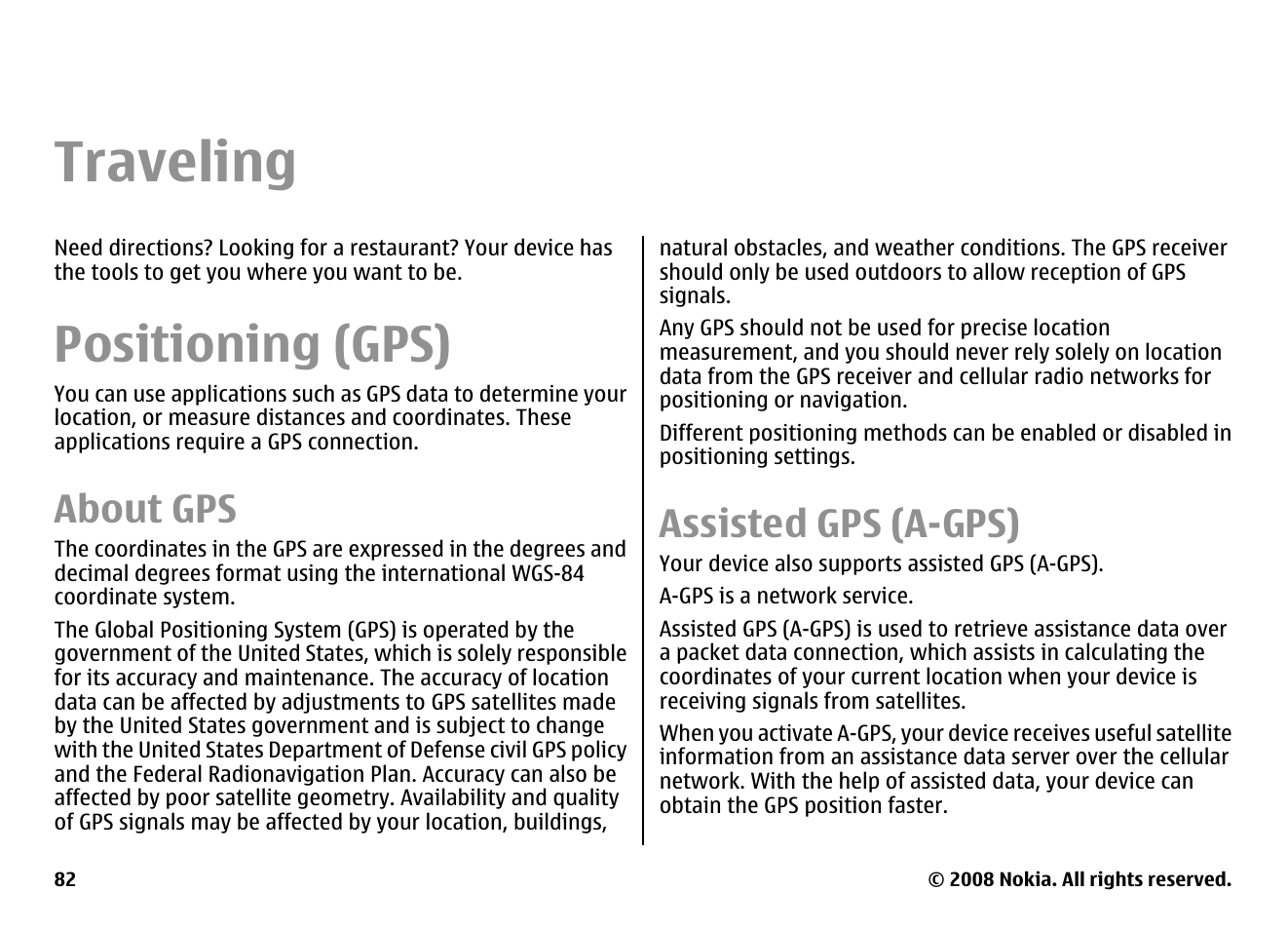 Traveling, Positioning (gps), About gps | Assisted gps (a-gps) | Nokia E75 User Manual | Page 82 / 397