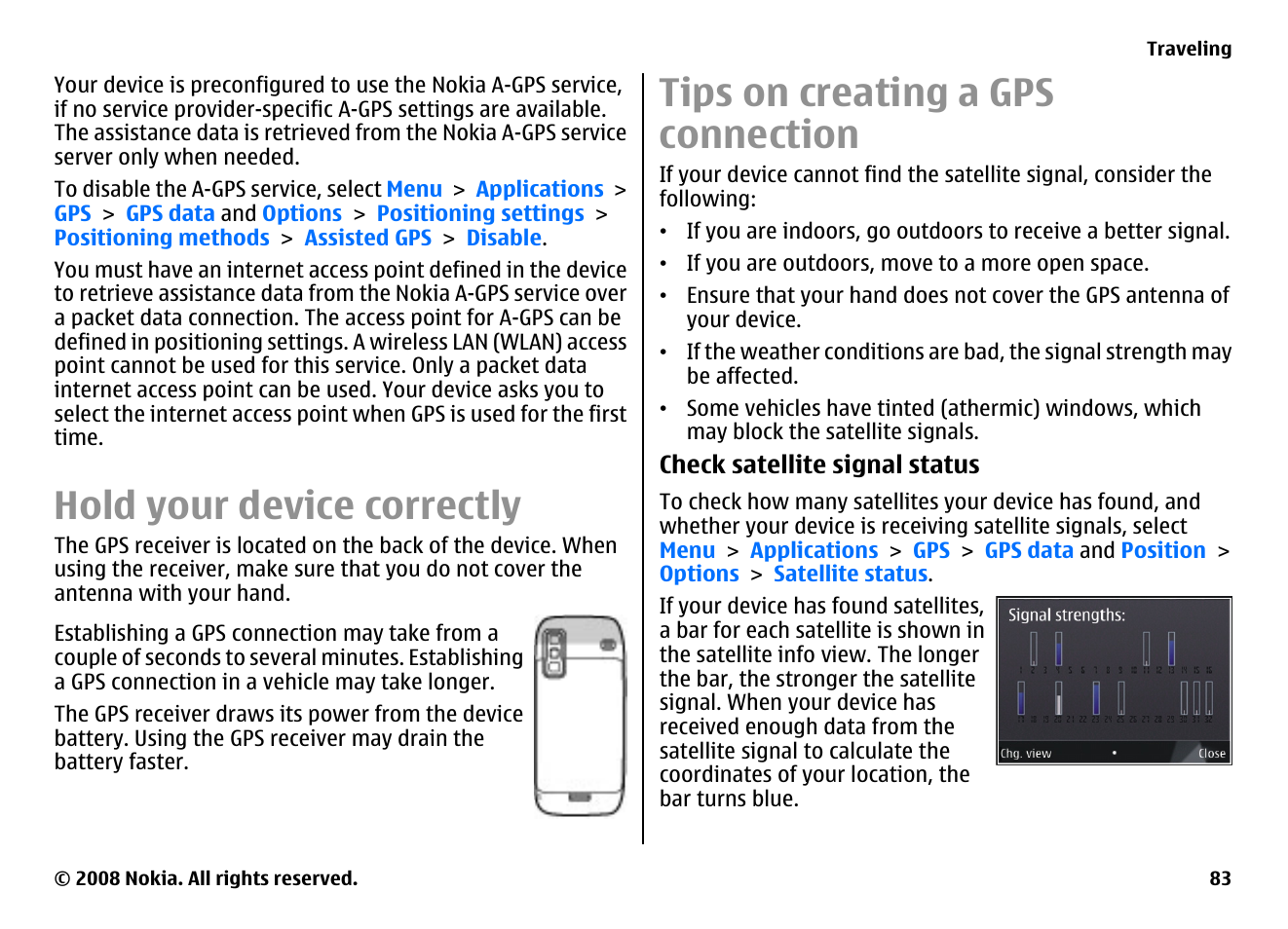 Hold your device correctly, Tips on creating a gps connection | Nokia E75 User Manual | Page 83 / 397